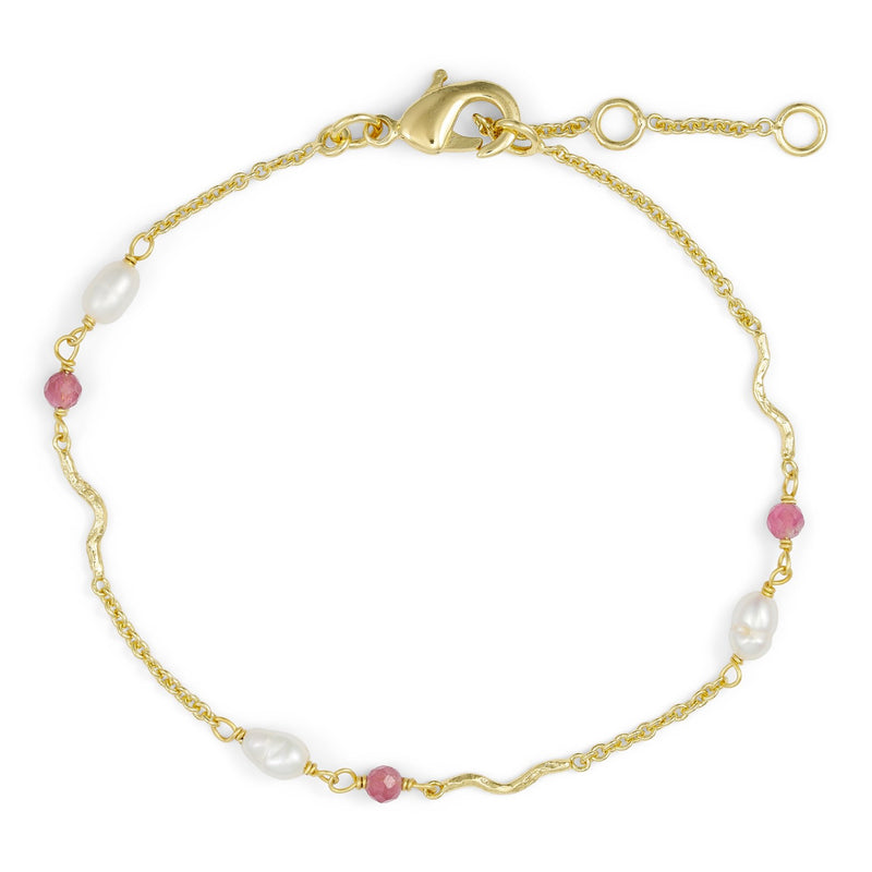 Armbånd m. Perle + Pink Tourmalin, Guldbelagt