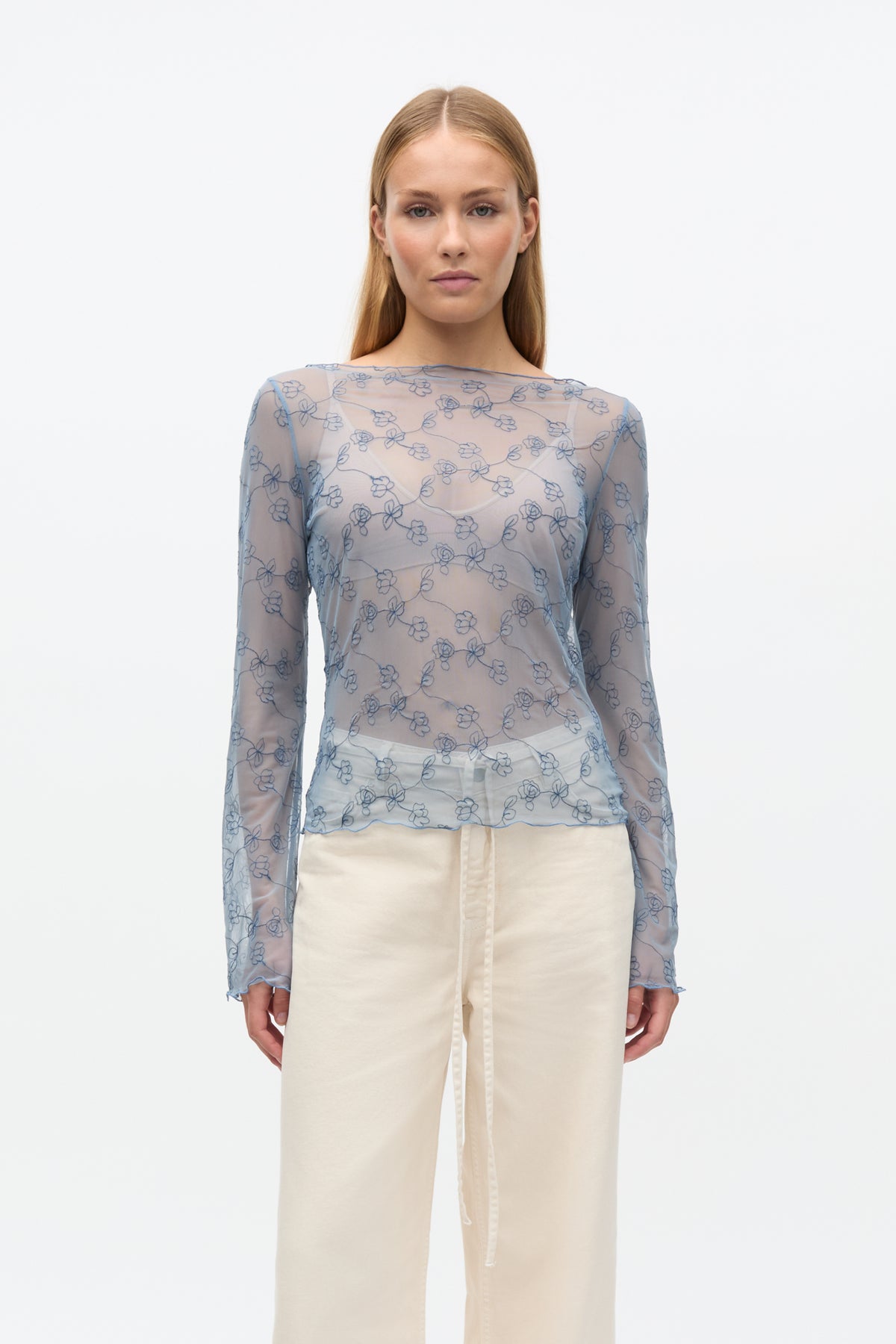 Nicola Mesh Bluse, Faded Denim